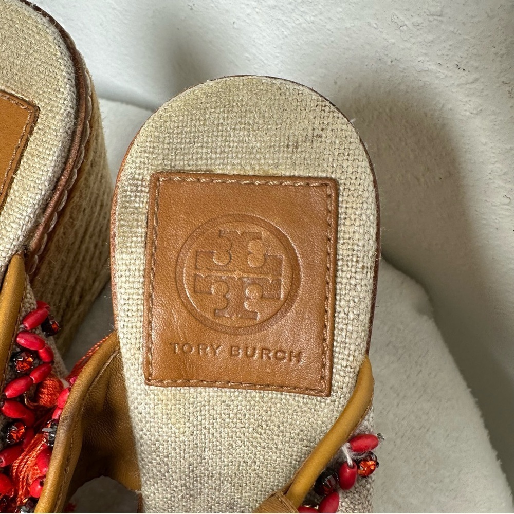Tory Burch Women's 7M Vibrant Orange and Tan Espadrille Wedges Sandals Boho - Picture 11 of 15